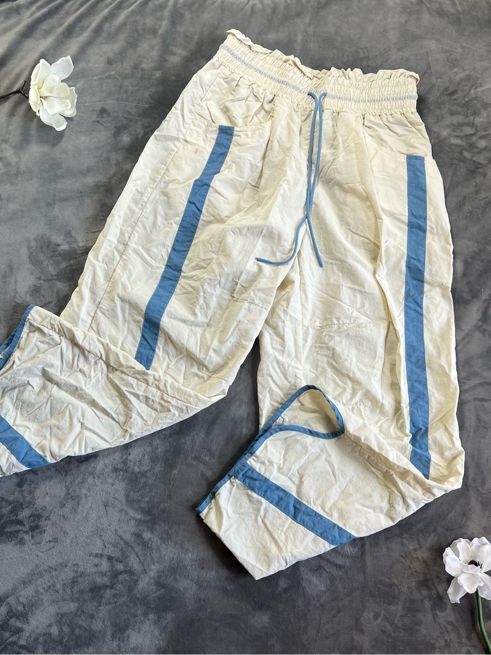 Women’s Cream Track Pants with Blue Stripe